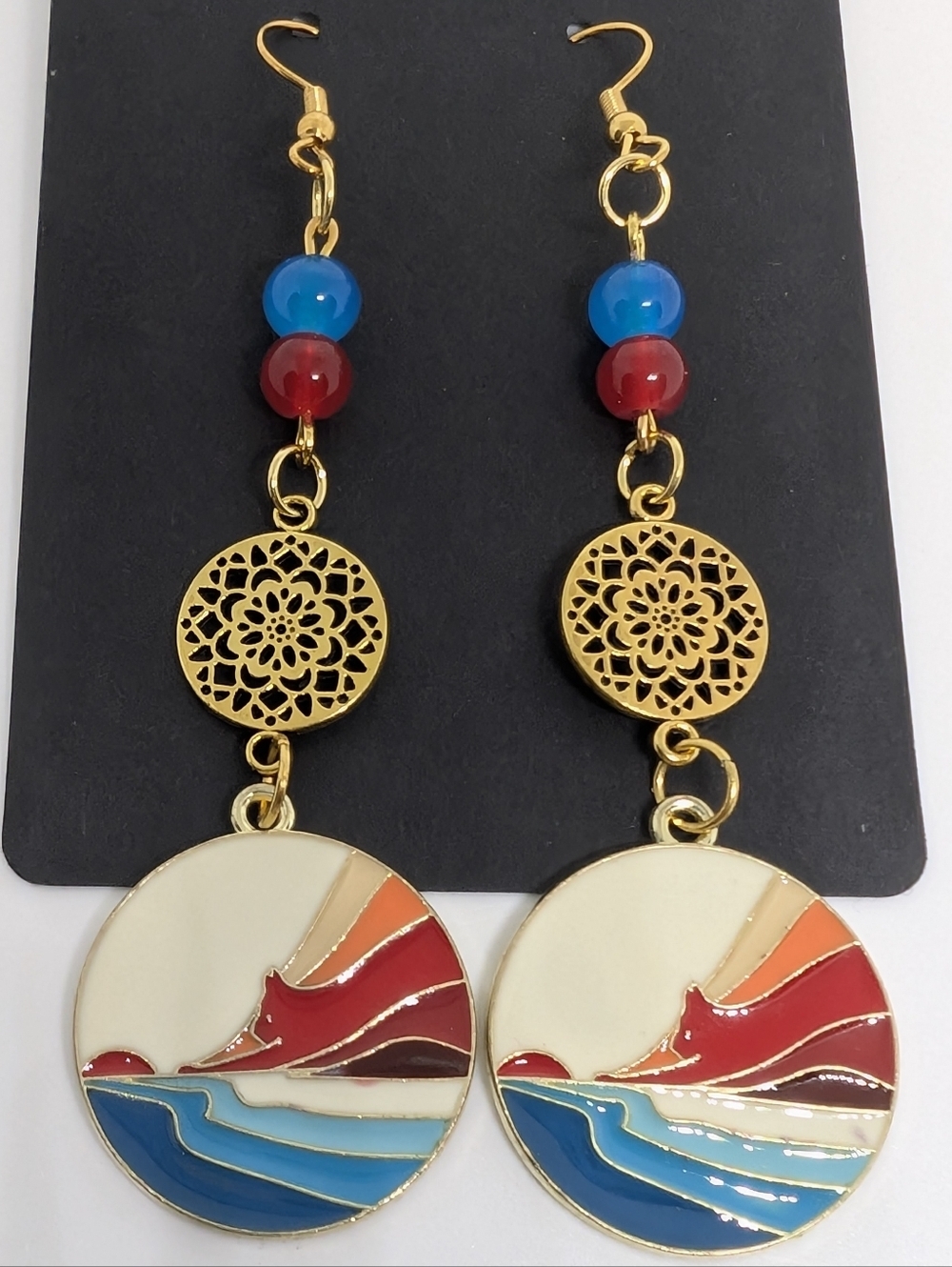 Handmade Beaded Boho Abstract Sunset Landscape Cat Dangle Earrings